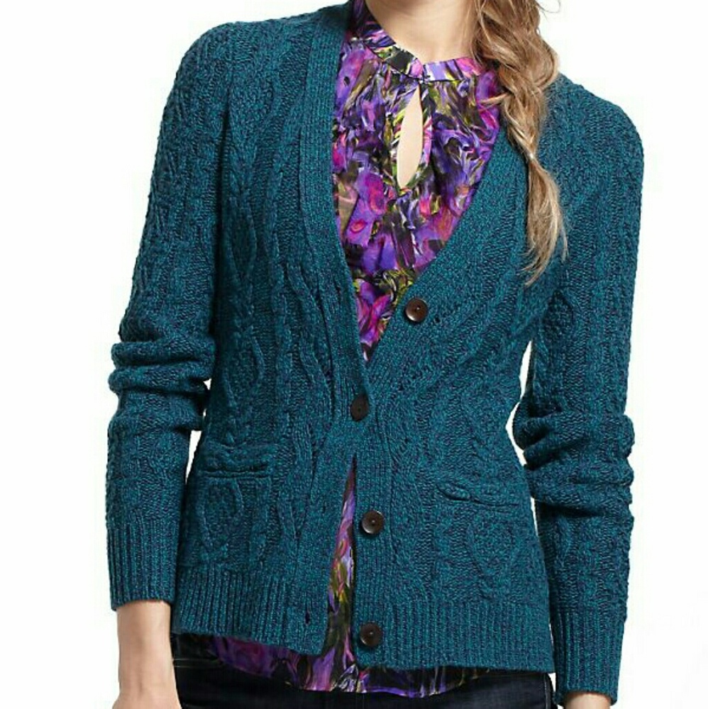 Anthropologie Fisherman Teal Floral Cardigan M S40